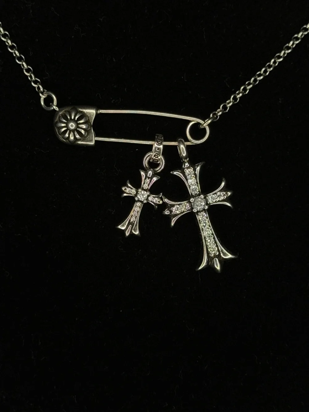 Chrome Hearts Safety Pin Double Diamond Studded Floral Cross Unisex Necklace - Picture 2 of 7